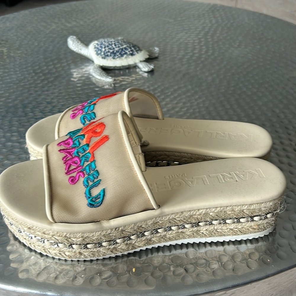 Karl Lagerfeld Cream Slides with Colorful Embroidery